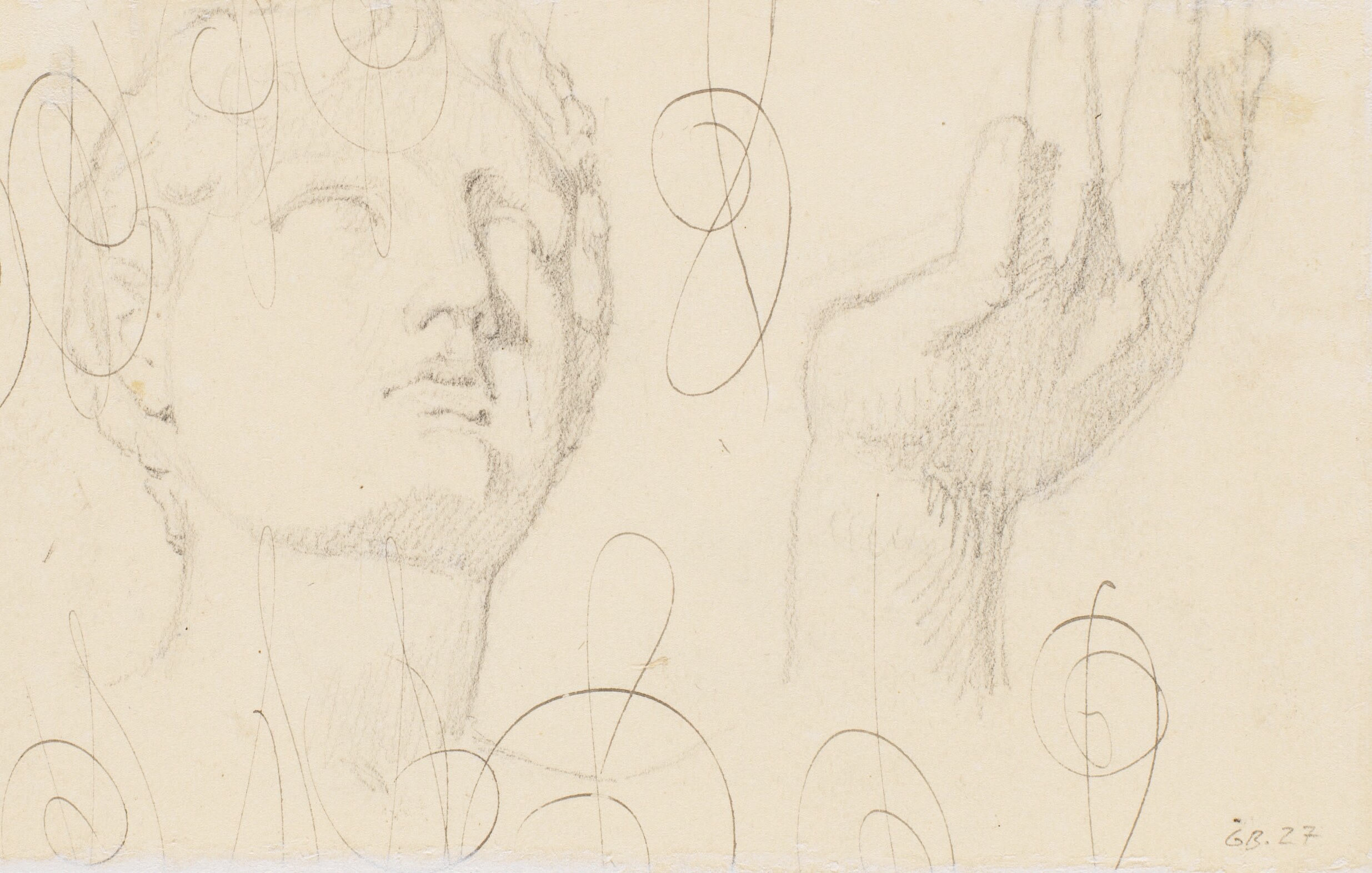 Studie af en hånd t.v. og studie af et figurhoved t.h. Illustration til Kaalunds "Fabler for Børn". Se kommentar fra arkkatalog.